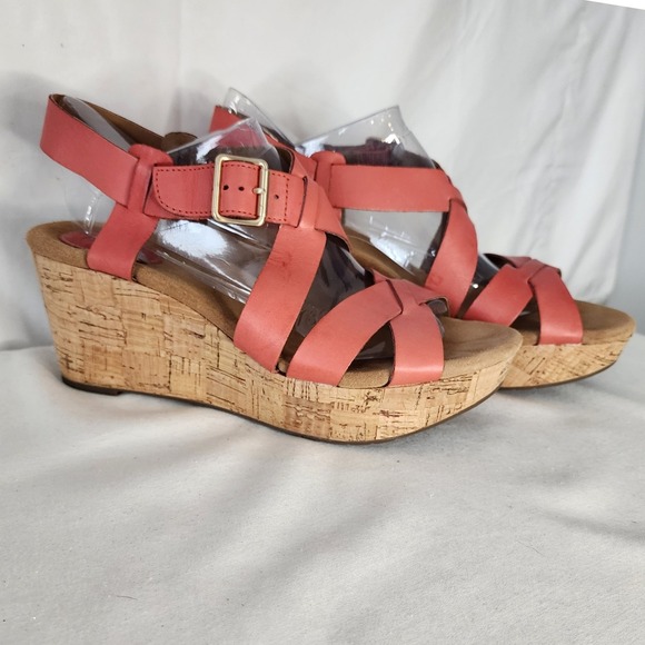 Clarks Shoes - Clarks Artisan Womens 9.5M Coral Pink Leather Cork Wedge Sandals 26066634